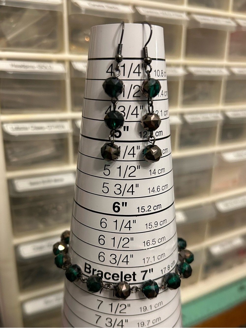 Handmade Green & Brown Crystal Looped Bracelet & Earrings Set